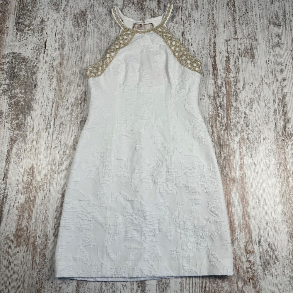 Lilly Pulitzer Pearl Shift Dress White Floral Matelasse Gold Soutache Trim SZ 2